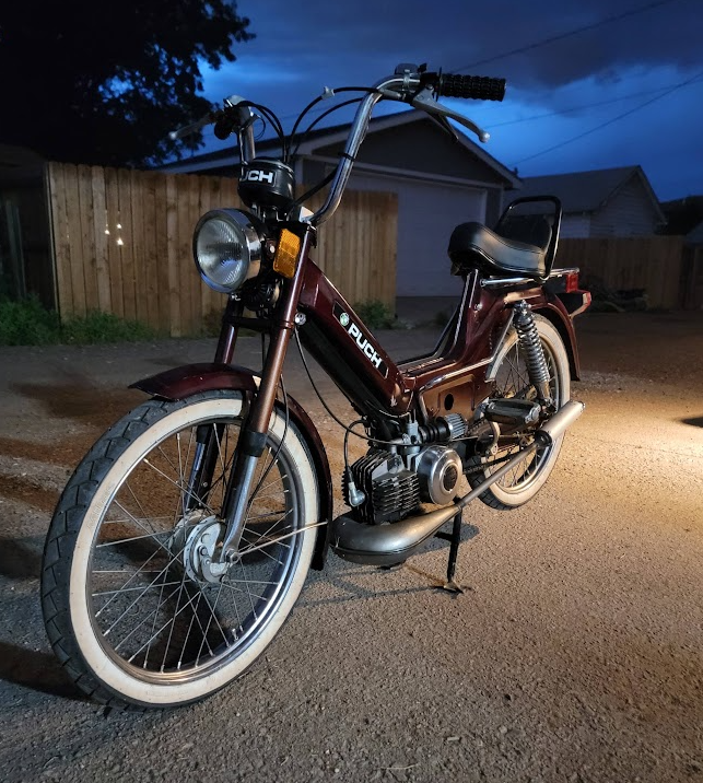 1978 Puch Maxi, night shot with headlight on