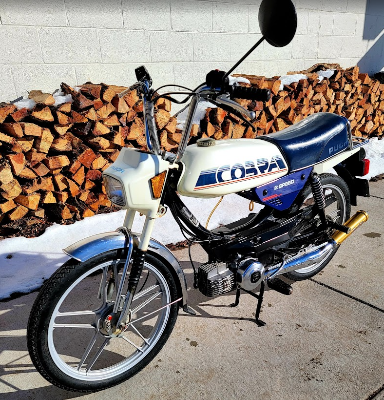 1986 Puch Cobra, white and navy, woodpile backdrop