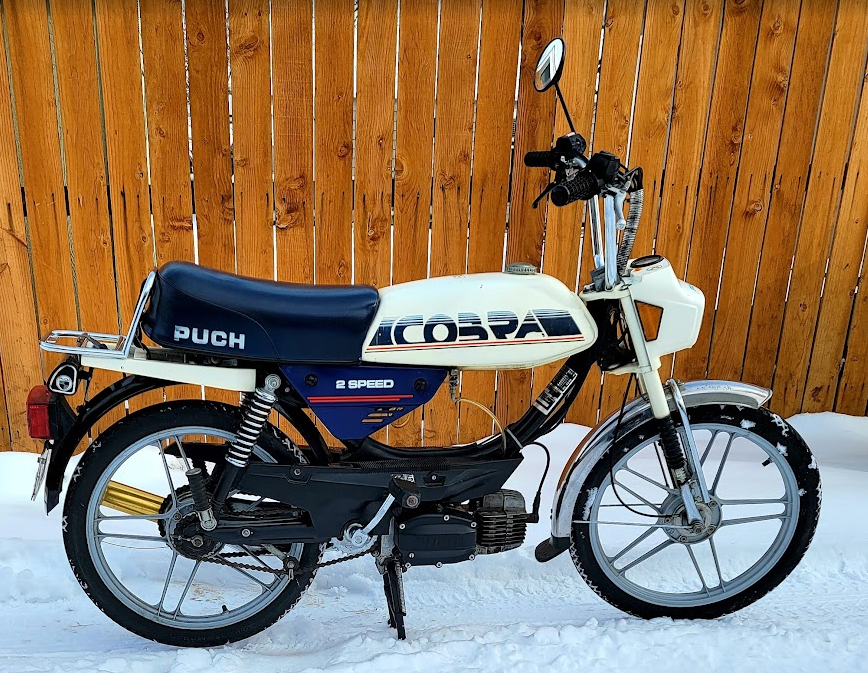 1986 Puch Cobra, white and navy, snow and fence backdrop