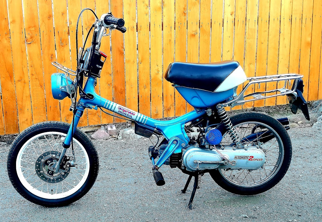1982 Honda NC50, blue, wood fence backdrop