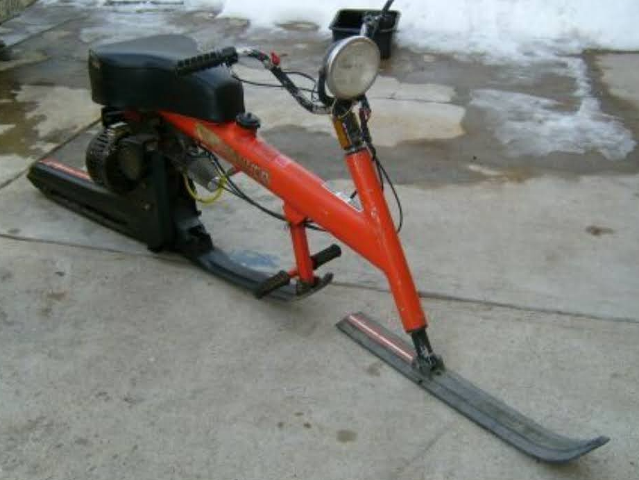 Homemade snow ski moped rig